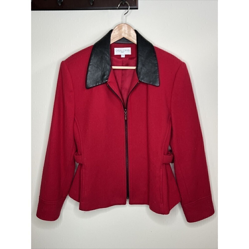 Casual Corner Vintage Red Wool & Black Trim Long Sleeve L Jacket Made In The USA